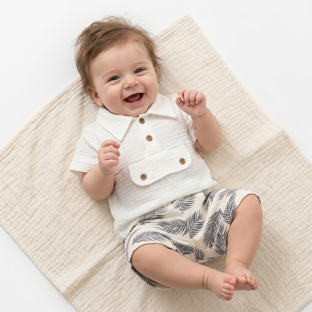 “Seaside Breeze” Baby Summer Set – Collared Shirt & Leaf Shorts