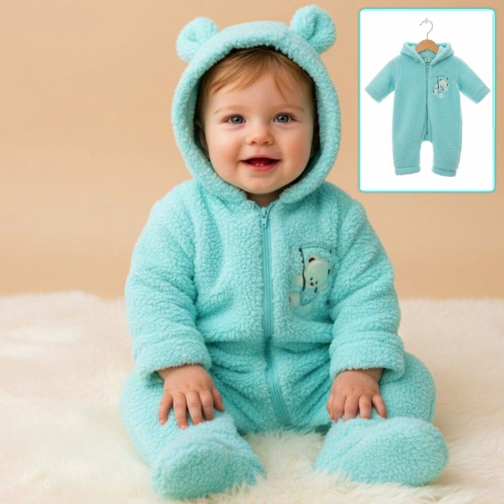 Light Blue Fleece Baby Onesie – Hooded Winter Bodysuit with Embroidered Bear & Cozy Fit