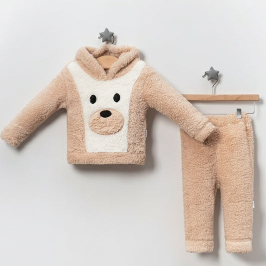 Beige Plush Bear Baby Outfit – Hooded Sweatshirt & Pants Set for Cozy Winter Comfort