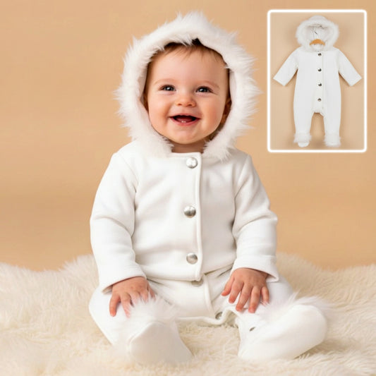 White Hooded Winter Bodysuit with Snap Buttons & Footed Legs