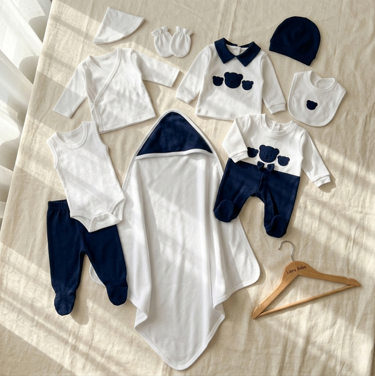 “Bear Tales” Baby Gift Set – Navy & White Ensemble