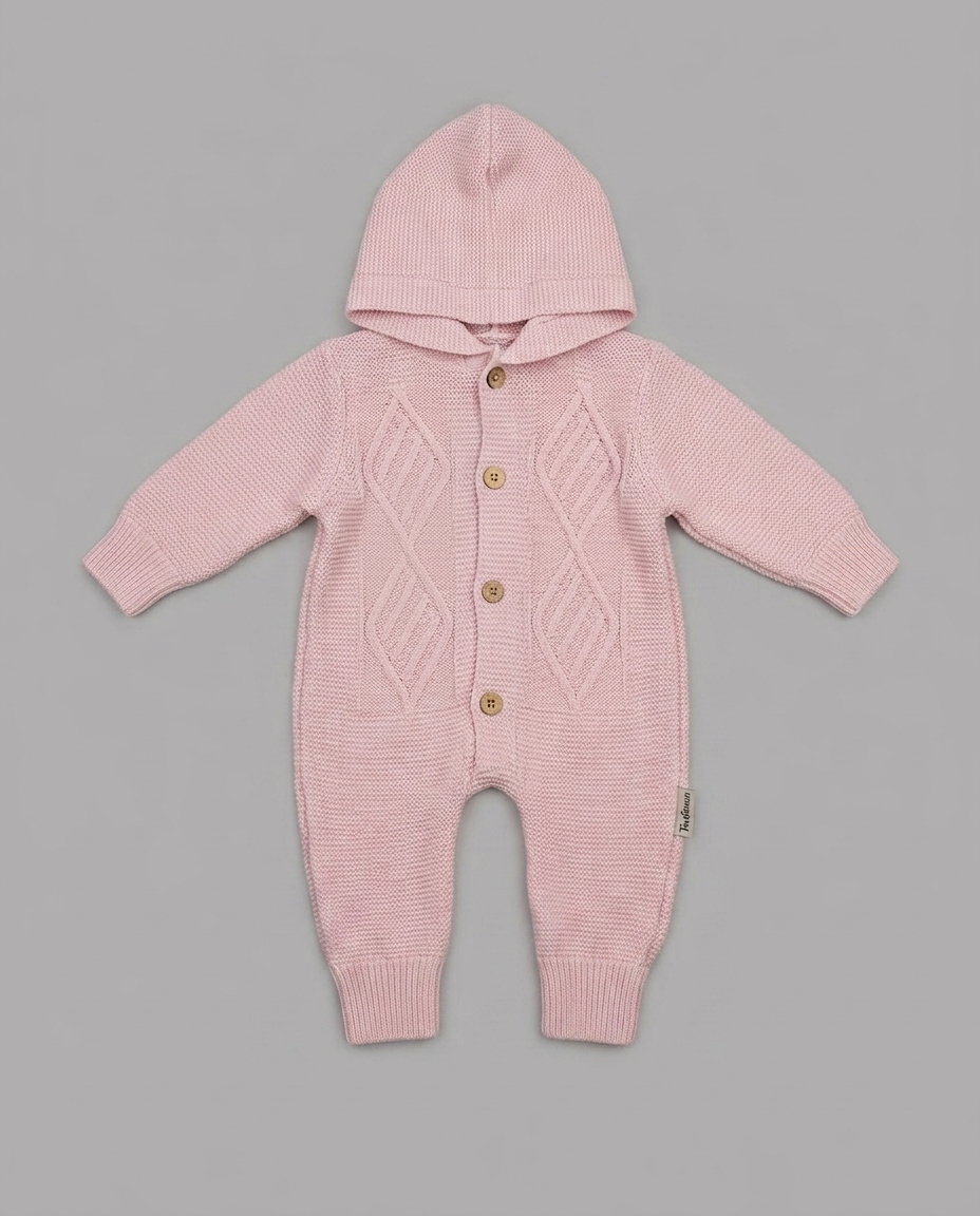 The Madeleine Cable-Knit Hooded Romper – Light Pink