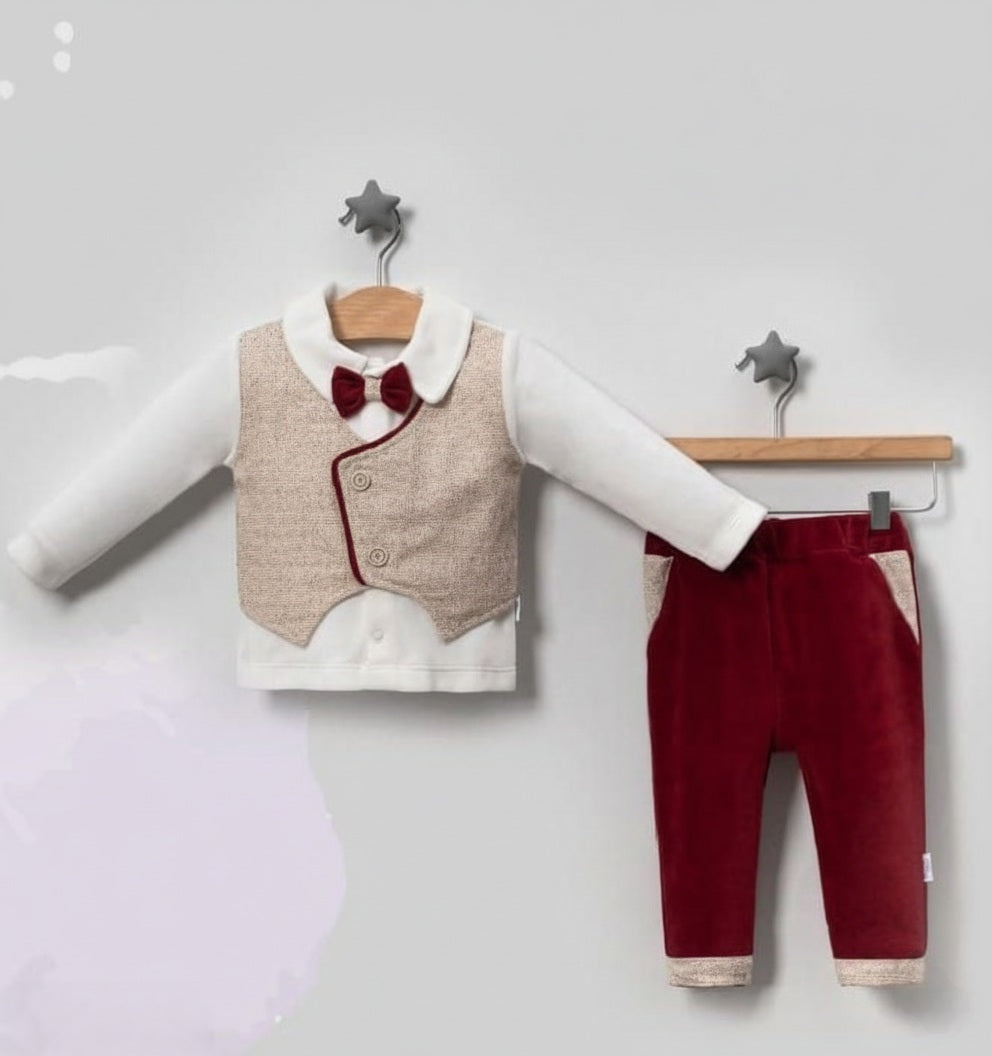 Formal Outfit Set – White Shirt with Beige Vest, Red Bow Tie & Pants for Special Occasions
