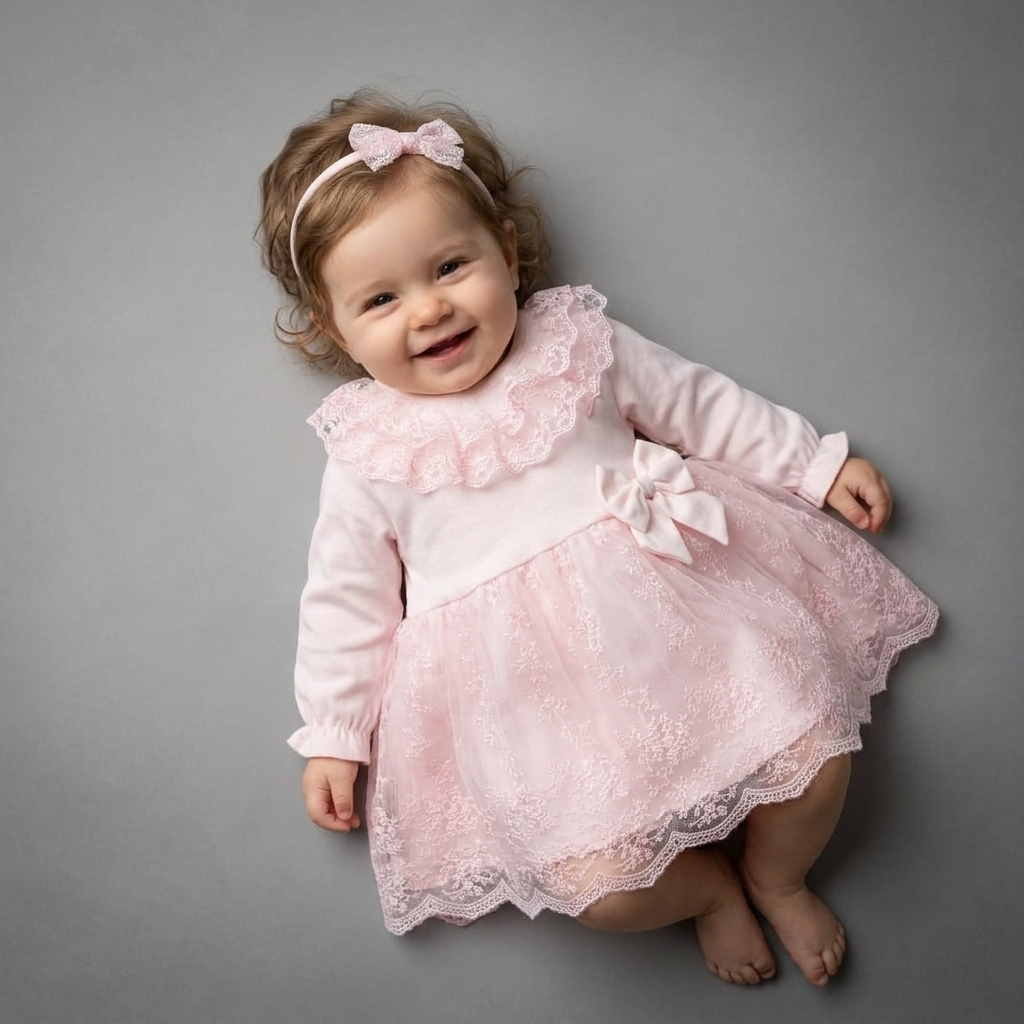 Pink Baby Girl Lace Dress – Bow & Headband Set