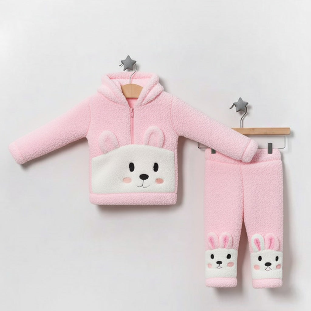 Pink Bunny Fleece Baby Outfit – Hooded Jacket & Pants Set with 3D Ears & Face Design