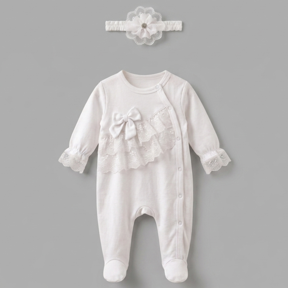 The Cecilia 2-Piece Lace Bodice Footed Romper & Headband Set – Pure White