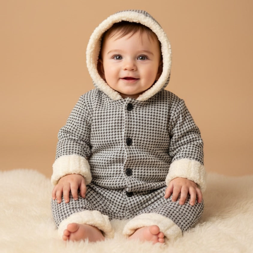 Houndstooth Baby Onesie – Hooded Winter Bodysuit with Faux Fur Trim & Button Closure