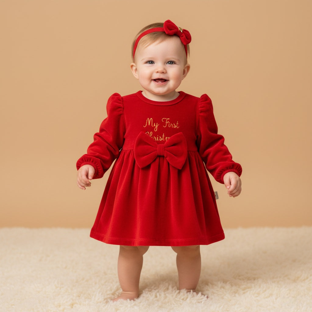 Red Velvet “My First Christmas” Baby Dress – Holiday Outfit with Bow & Matching Hair Accessory