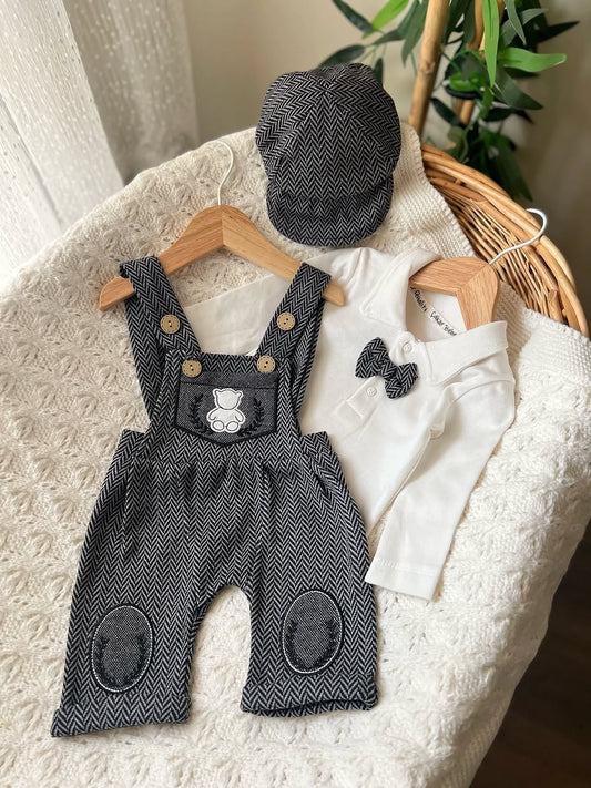 Baby Boy Formal Outfit Set – Herringbone Overalls, Bow Tie Polo Shirt & Cap with Bear Details