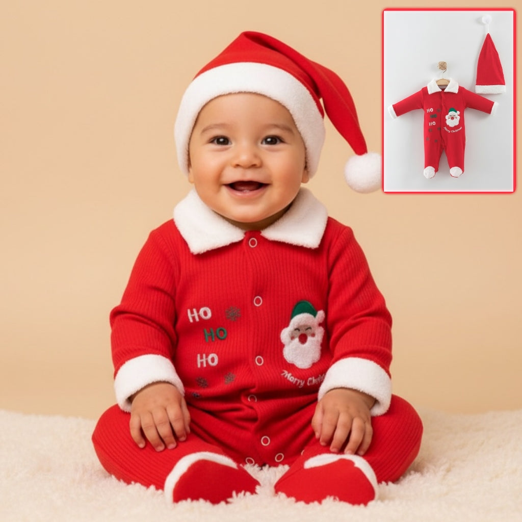 Santa Claus Christmas Baby Onesie – Red Holiday Bodysuit with Faux Fur Trim & Matching Hat