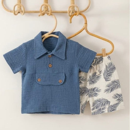 “Seaside Breeze” Baby Summer Set – Textured Shirt & Leaf Shorts