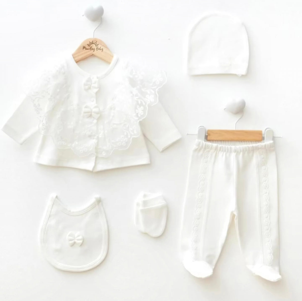 The Rosalind 5-Piece Lace-Trimmed Cardigan & Pants Gift Set – Pure White