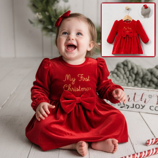 Red Velvet “My First Christmas” Baby Dress – Holiday Outfit with Bow & Matching Hair Accessory