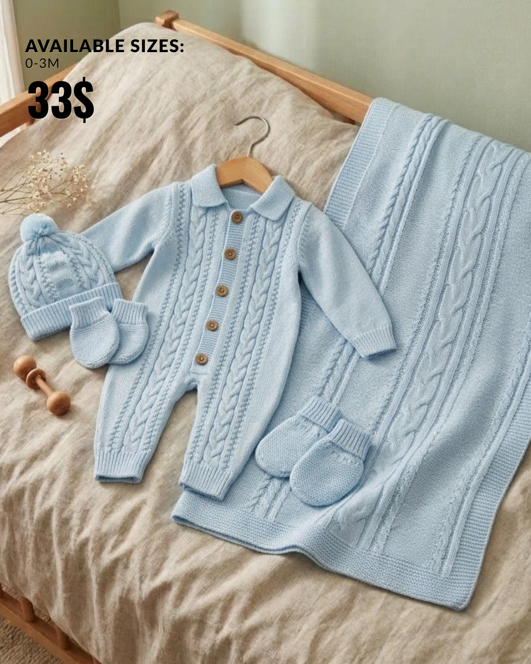 “Moonlit Knit” Baby Outfit Set – Blue Romper & Blanket