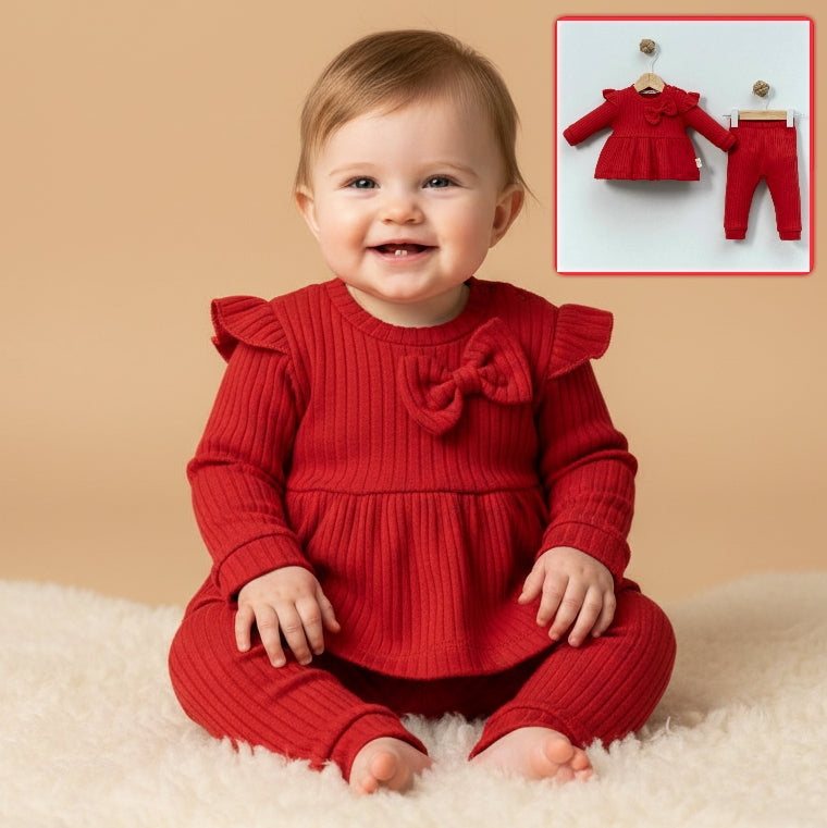Red Knitted Baby Outfit – Peplum Top & Ribbed Pants Set with Ruffles and Bow Detail