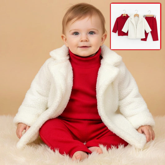Red & White Winter Baby Outfit – Ribbed Turtleneck, Faux Fur Coat & Pants Set for Cold Weather