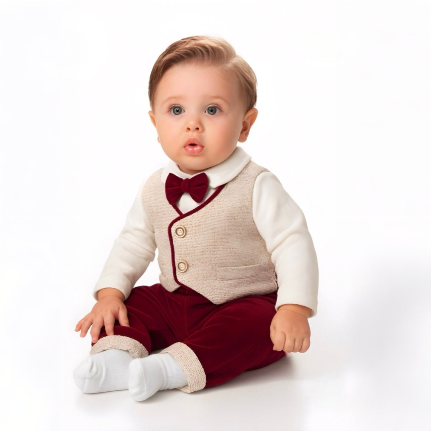 Formal Outfit Set – White Shirt with Beige Vest, Red Bow Tie & Pants for Special Occasions