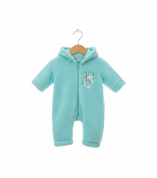 Light Blue Fleece Baby Onesie – Hooded Winter Bodysuit with Embroidered Bear & Cozy Fit