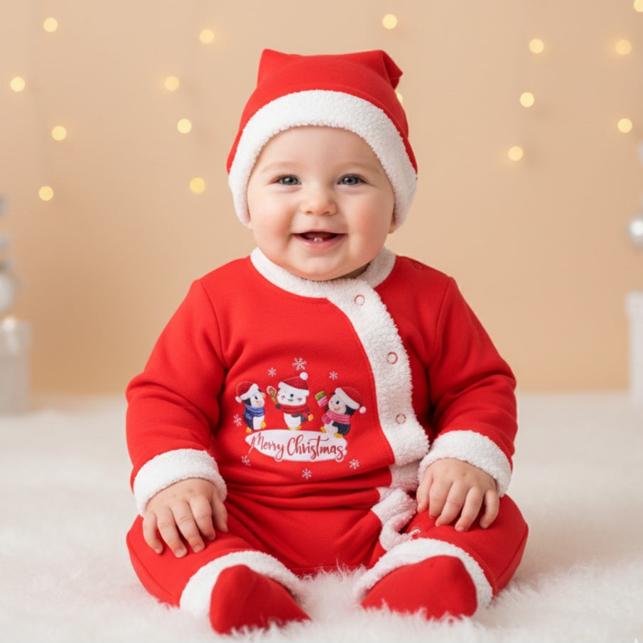 Red “Merry Christmas” Baby Outfit – Faux Fur Onesie with Santa Print, Hat & Socks