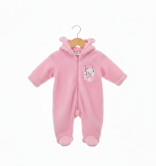Pink Fleece Baby Onesie – Hooded Bear Design with Enclosed Feet & Front Zipper for Winter Comfort