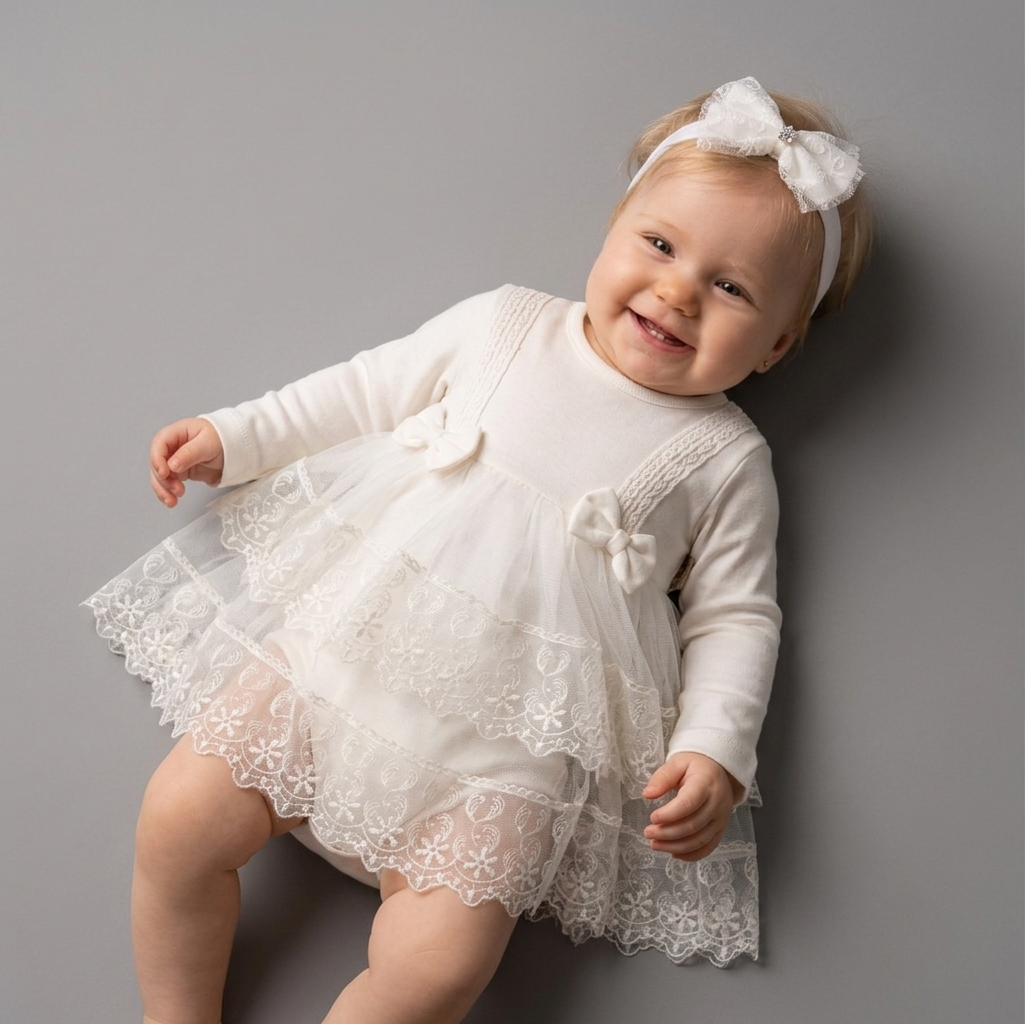 White Lace Baby Dress with Headband