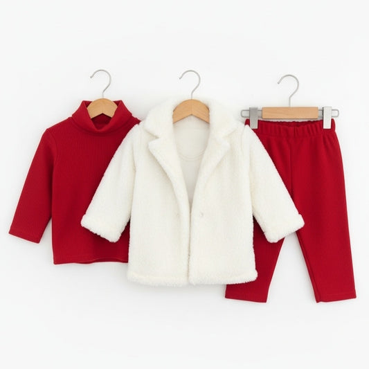 Red & White Winter Baby Outfit – Ribbed Turtleneck, Faux Fur Coat & Pants Set for Cold Weather