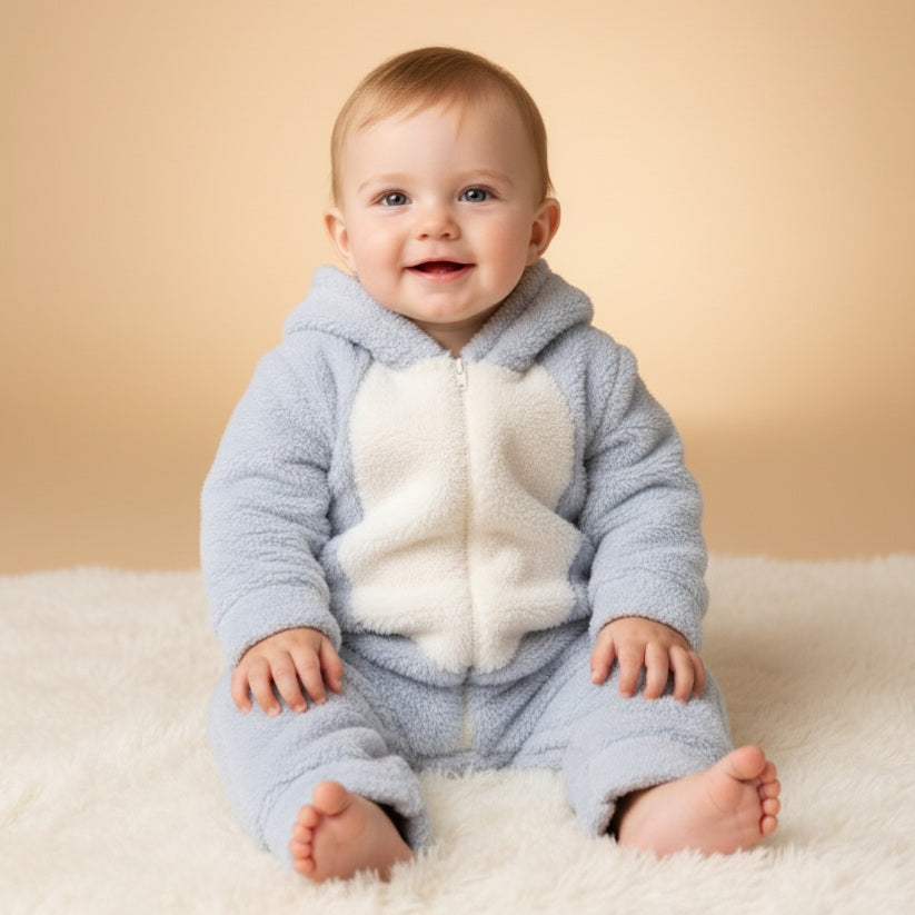 Gray Plush Baby Onesie – Hooded Animal-Inspired Bodysuit with Belly Patch & Zipper