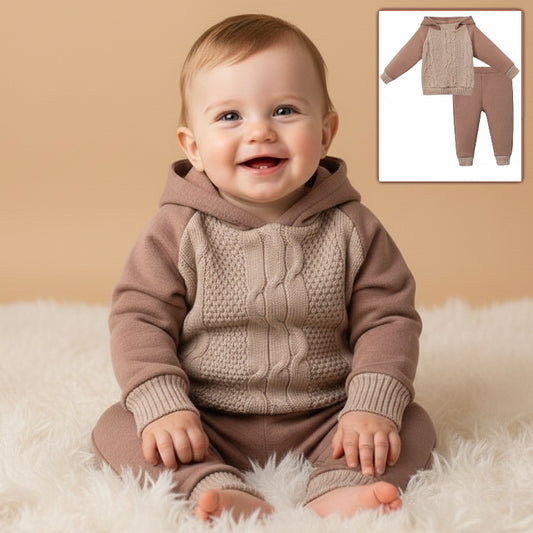Cable Knit Outfit – Hooded Sweater & Ribbed Pants Set in Brown & Beige for Fall Comfort