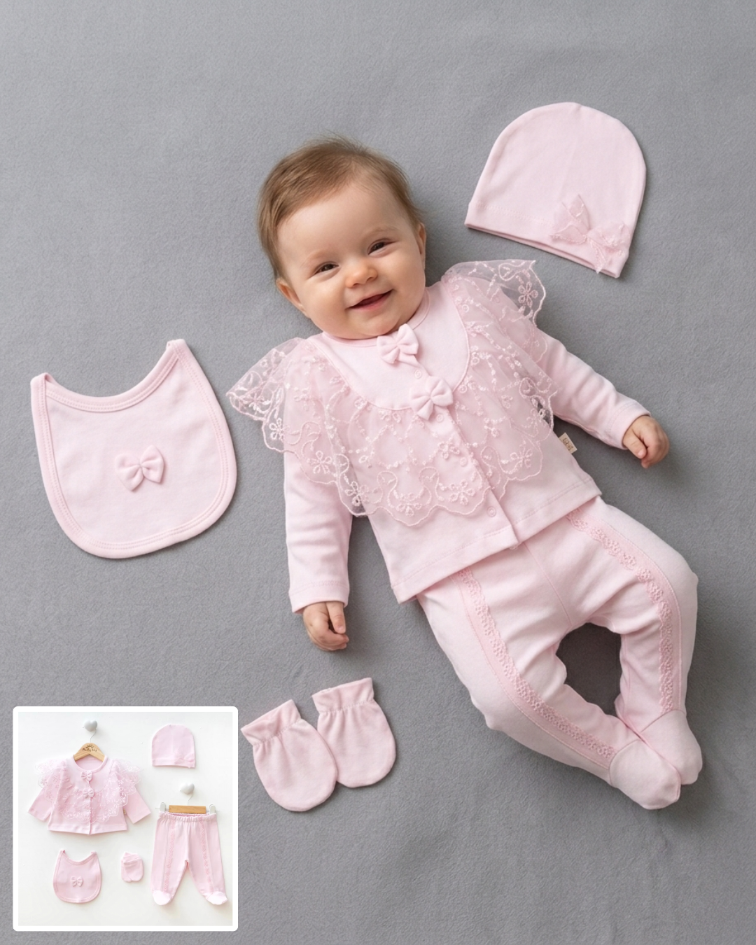 The Florence 5-Piece Lace-Trimmed Cardigan & Pants Gift Set – Soft Pink