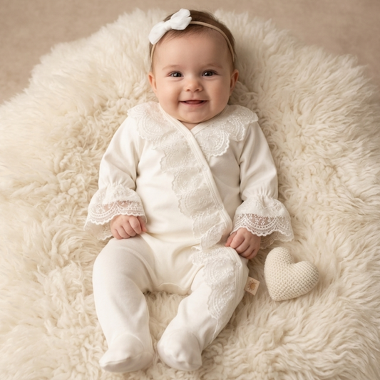 White Lace Baby Onesie with Headband