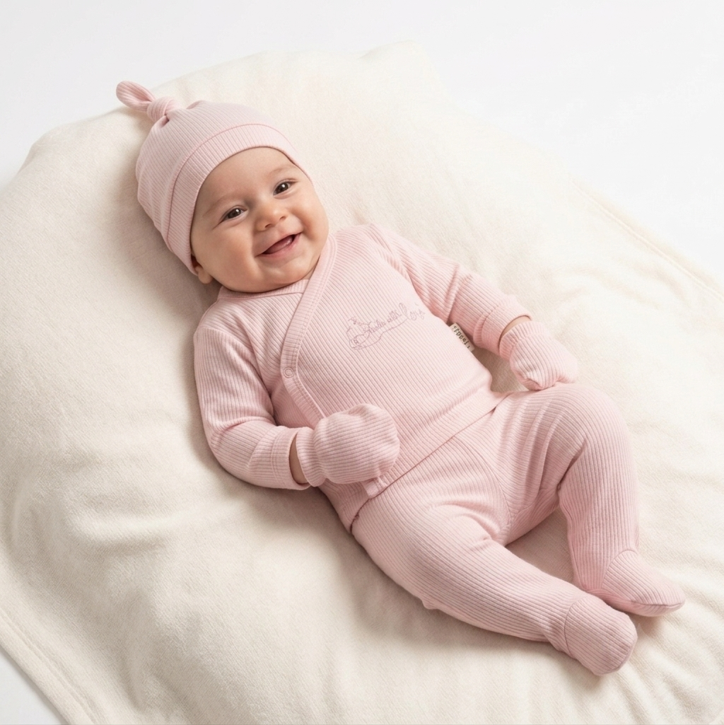 “Love’s Embrace” Baby Outfit Set – Pink Wrap & Accessories
