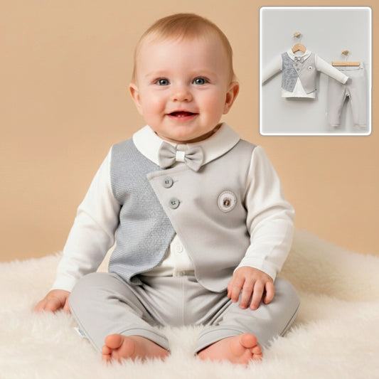 Light Gray Formal Baby Outfit – Two-Piece Set with Bow Tie, Vest Overlay & Emblem Detail