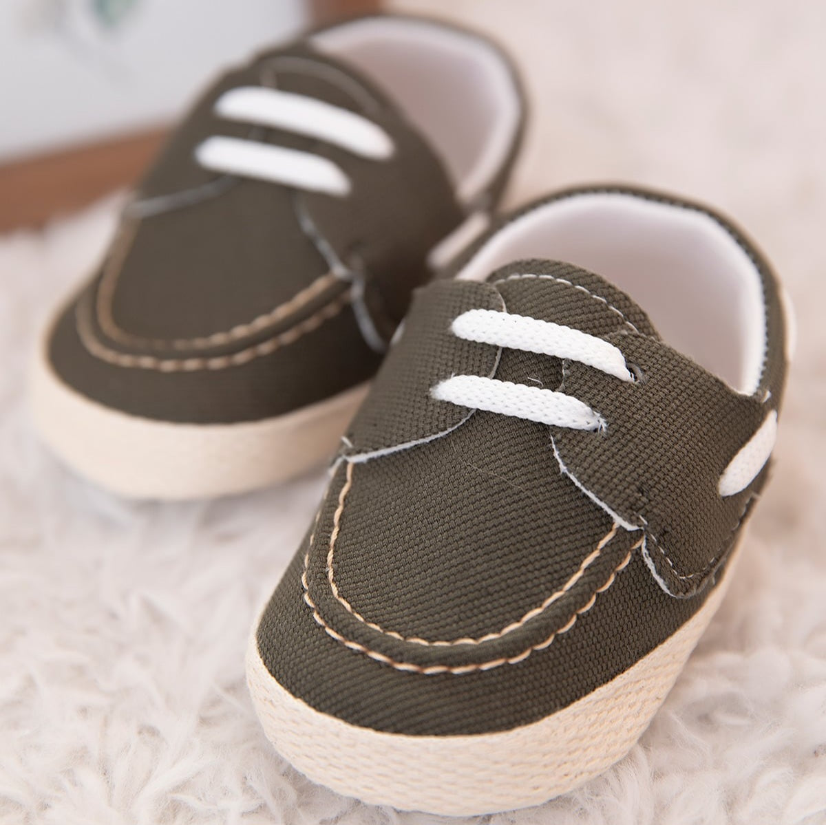 “Olive Trails” Baby Shoes – Green Canvas Soft Sole