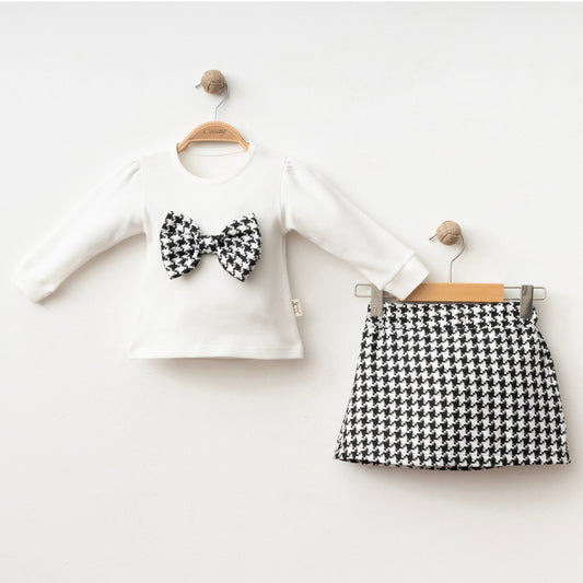 White & Houndstooth Baby Girl Outfit – Bow Detail Top & Matching Skirt Set