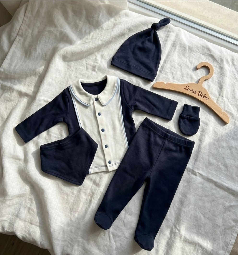 “Midnight Blessings” Baby Gift Set – Navy & White Ensemble
