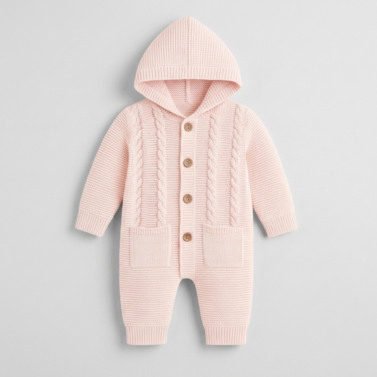 The Sophia Cable-Knit Hooded Jumpsuit – Soft Pink