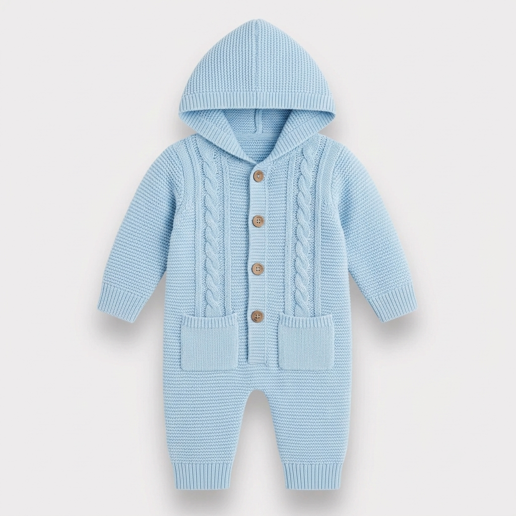 The Benjamin Cable-Knit Hooded Jumpsuit – Light Blue