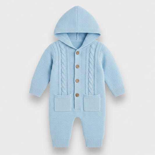 The Benjamin Cable-Knit Hooded Jumpsuit – Light Blue