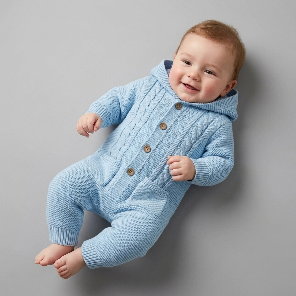 The Benjamin Cable-Knit Hooded Jumpsuit – Light Blue