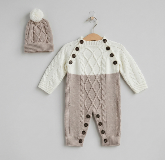 The Daniel Cable-Knit Romper & Beanie Set – Cream & Beige