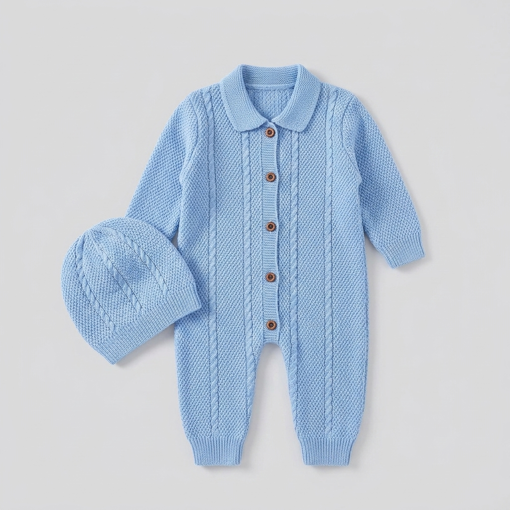 The Christopher Collared Cable-Knit Romper & Bonnet Set – Light Blue