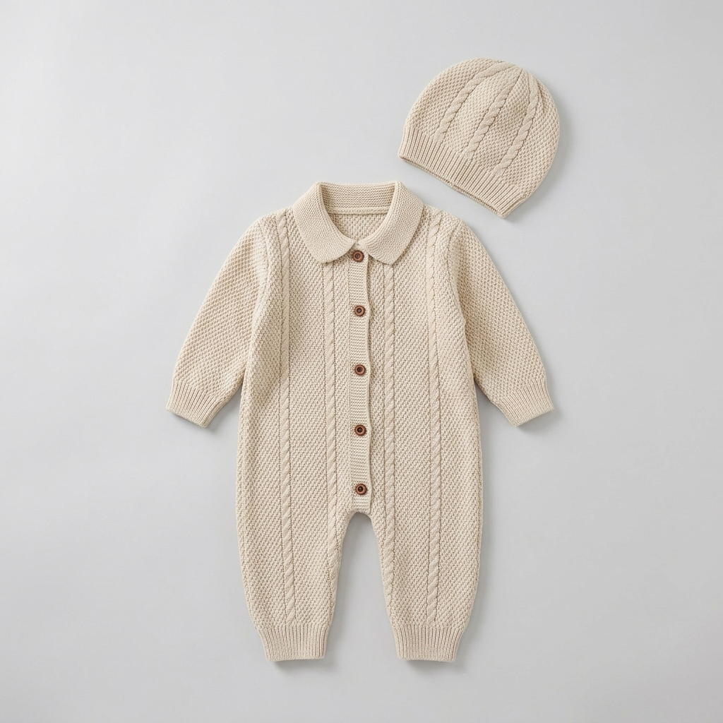 The Nicolas Collared Cable-Knit Romper & Bonnet Set – Cream
