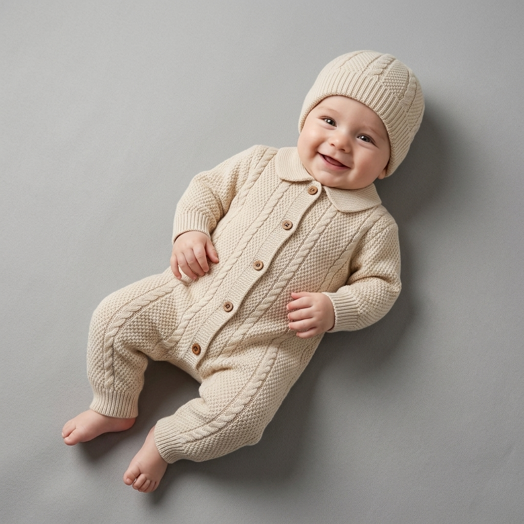 The Nicolas Collared Cable-Knit Romper & Bonnet Set – Cream