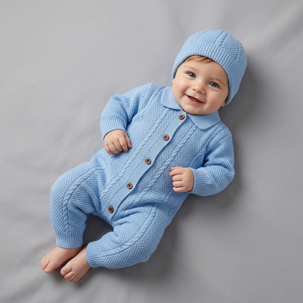 The Christopher Collared Cable-Knit Romper & Bonnet Set – Light Blue