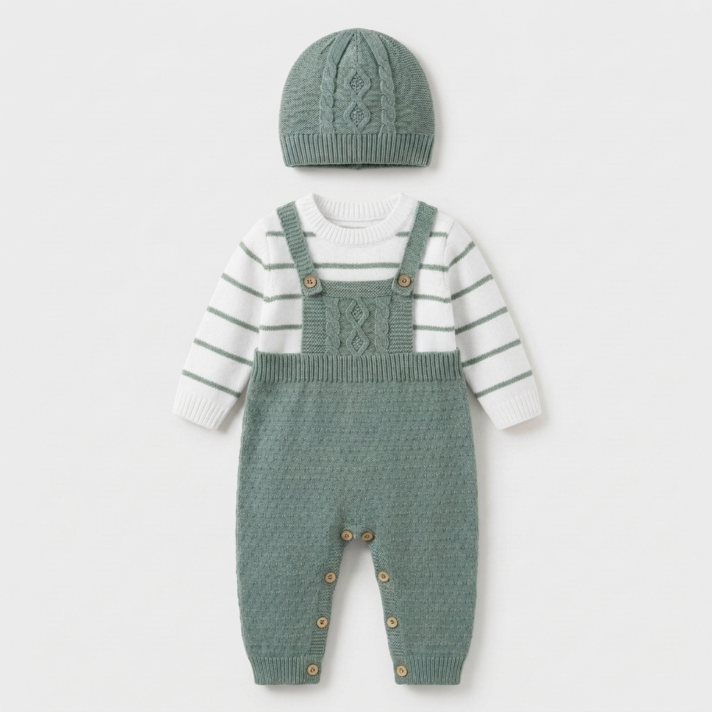 The Asher Cable-Knit Overall Jumpsuit Set – Sage Green
