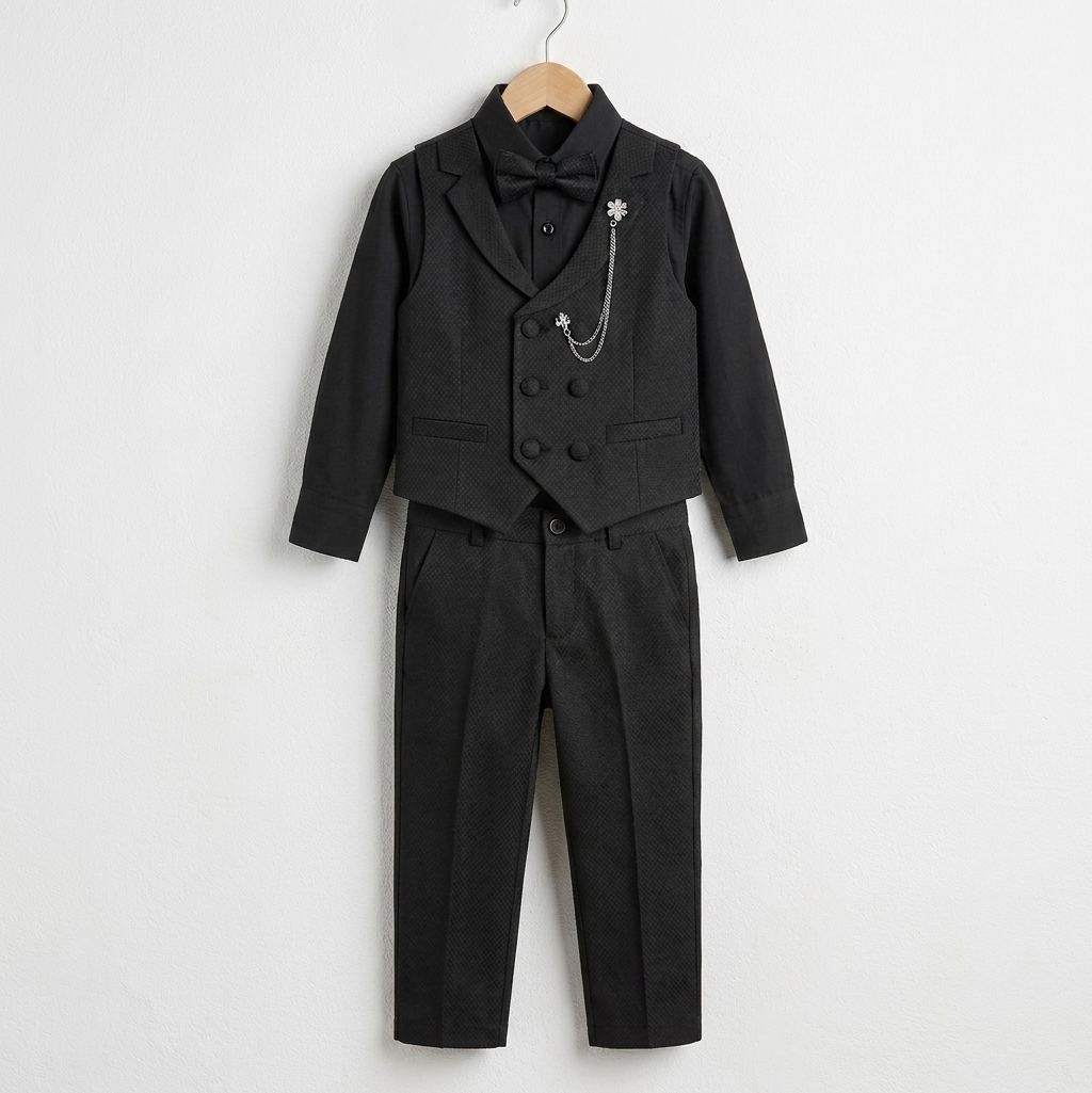 The Matteo 4-Piece Formal Vest Suit Set with Chain Brooch – Midnight Black