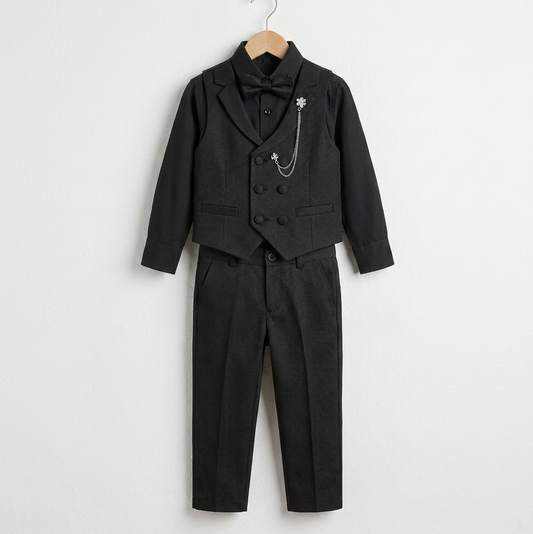 The Matteo 4-Piece Formal Vest Suit Set with Chain Brooch – Midnight Black