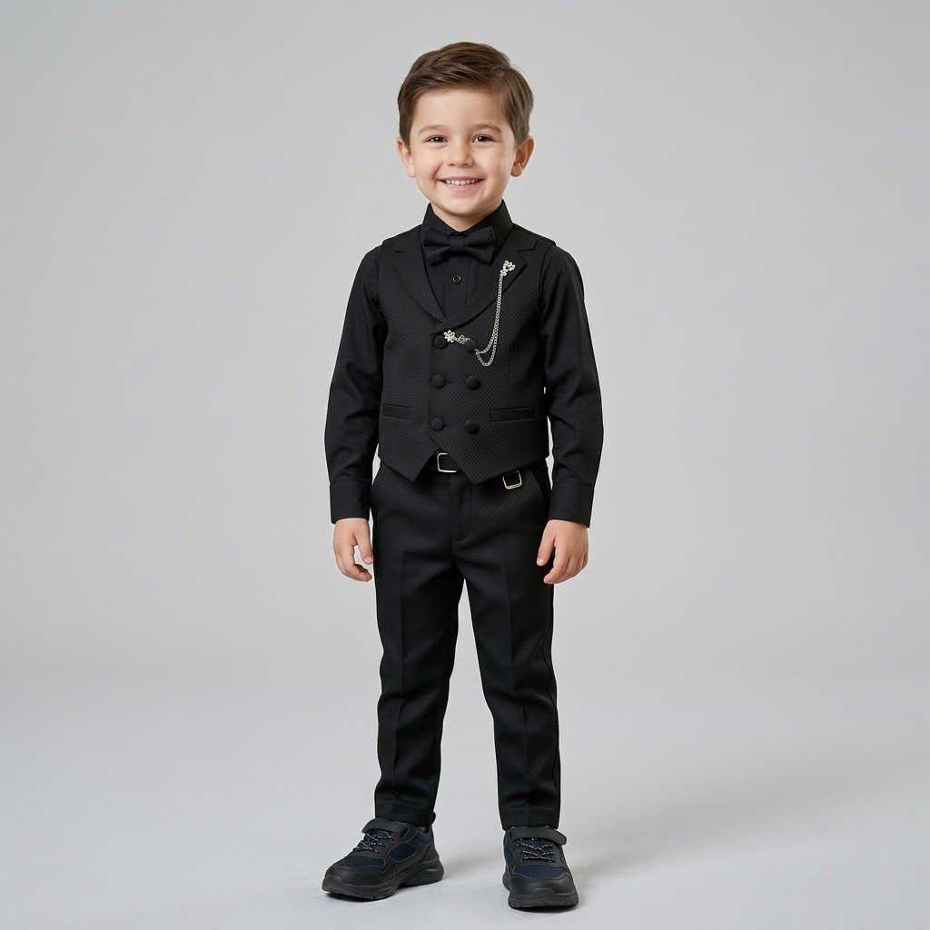 The Matteo 4-Piece Formal Vest Suit Set with Chain Brooch – Midnight Black