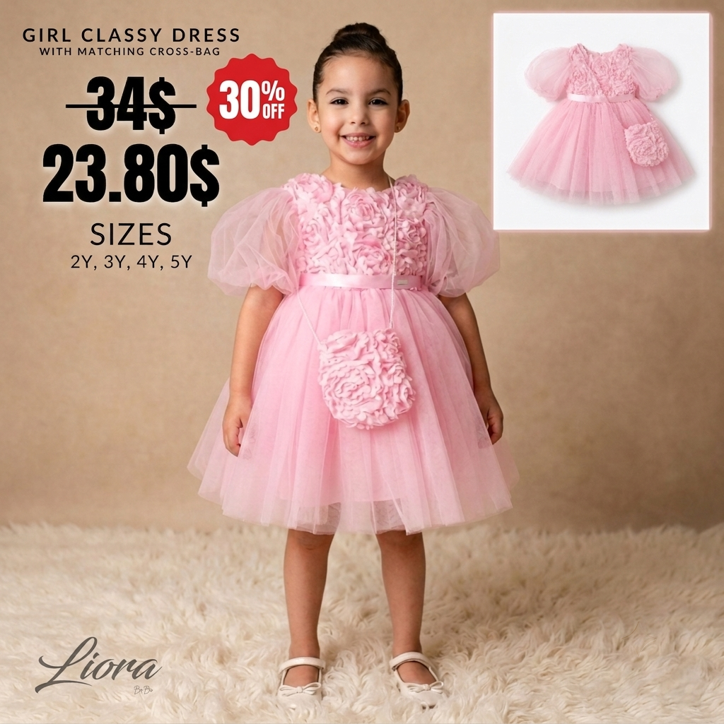 Pink Baby Girl Rosette Dress with Cross-bag – Tulle & Purse Set