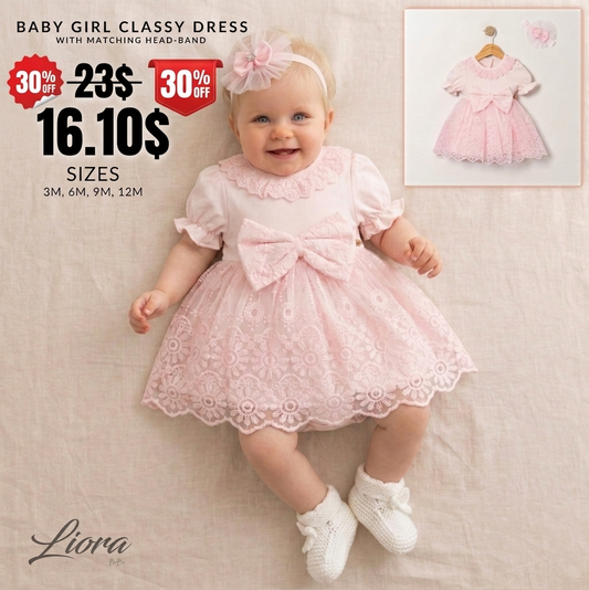 Pink Baby Girl Lace Dress – Bow & Headband Set